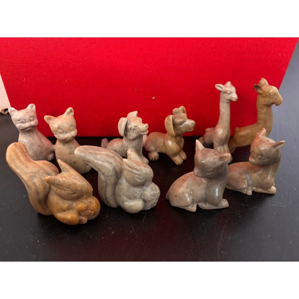 Vintage Hand Carved Soapstone Animal Figurines Set of 10 Miniature Sculptures